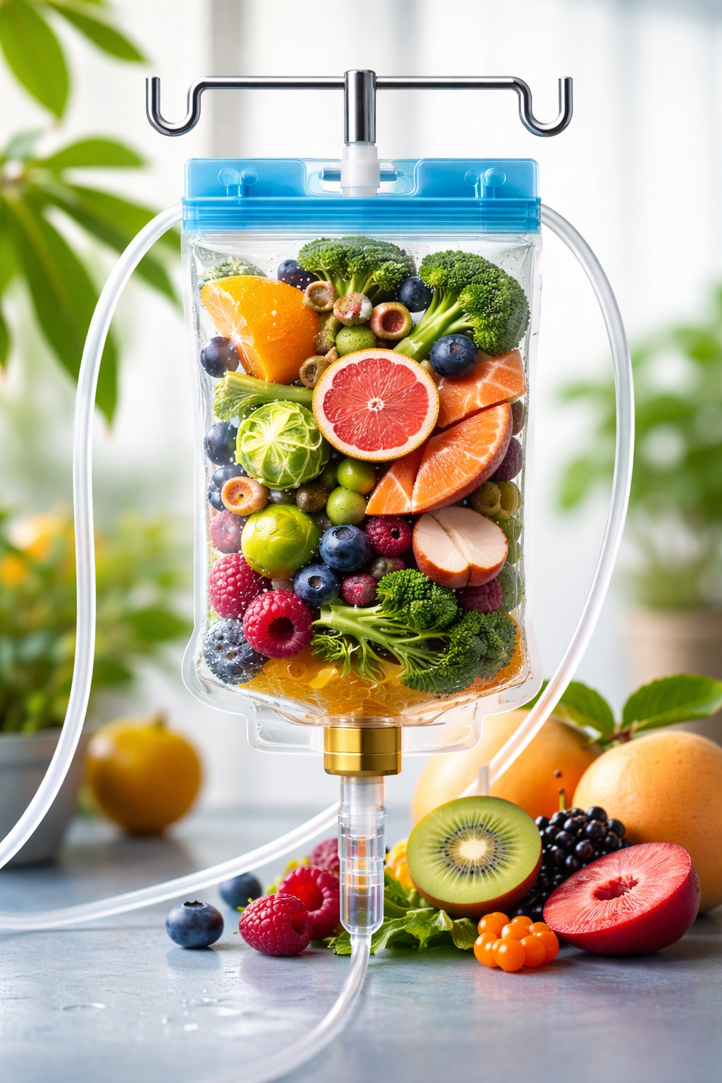Infusionsflasche, gefüllt mit Obst und Gemüse