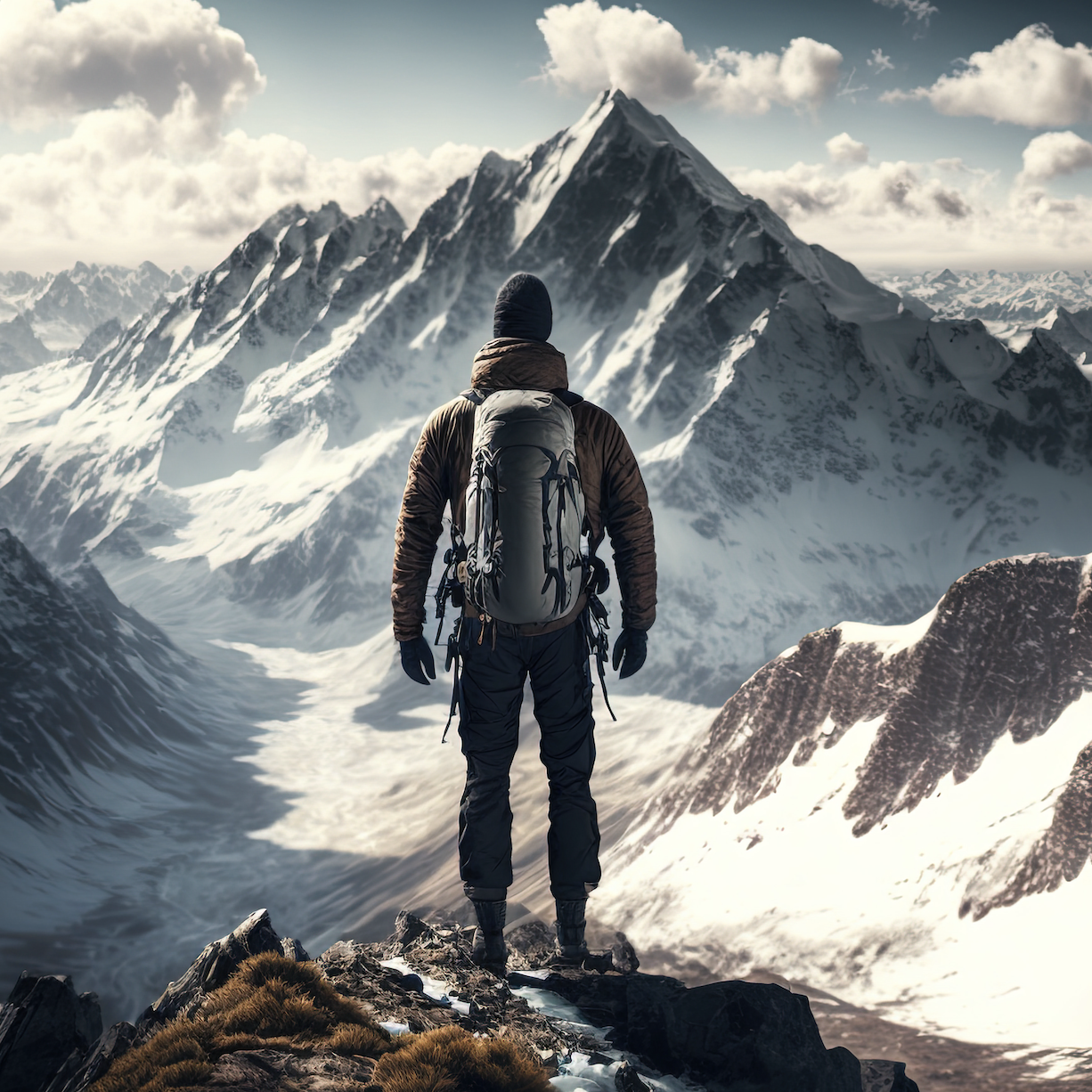 Wanderer blickt auf ein Bergpanorama