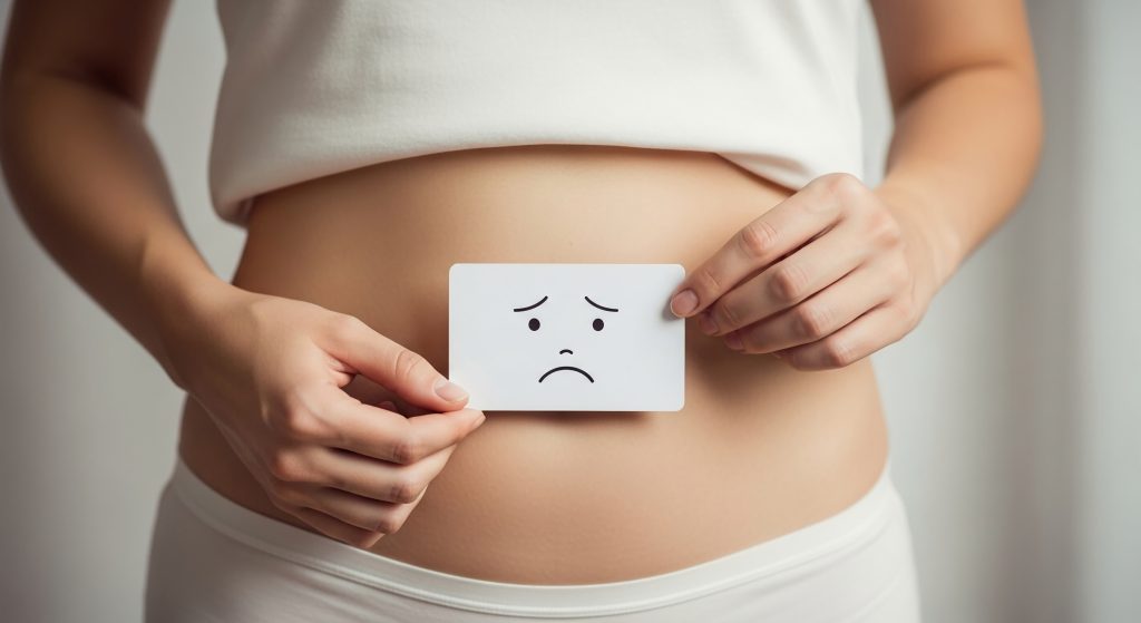 Person hält einen Zettel mit traurigem Gesicht vor den Bauch