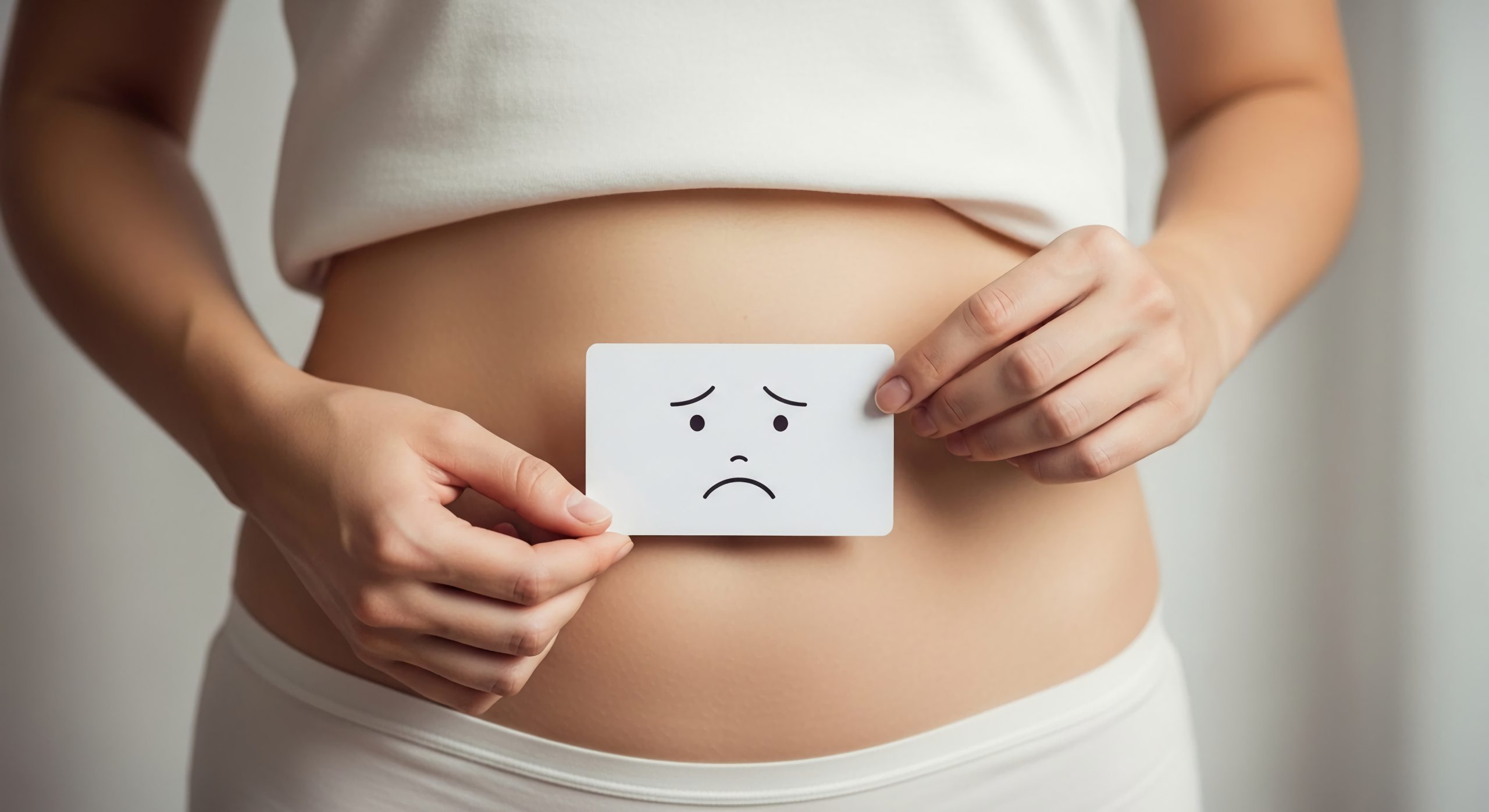 Person hält einen Zettel mit traurigem Gesicht vor den Bauch